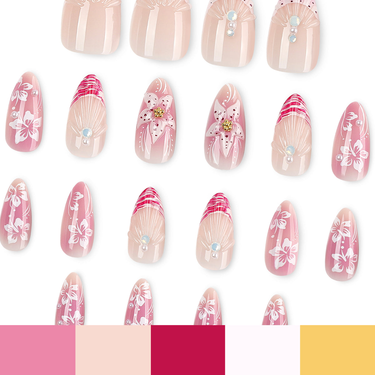 Pink floral press-on nails with gem details and color swatches