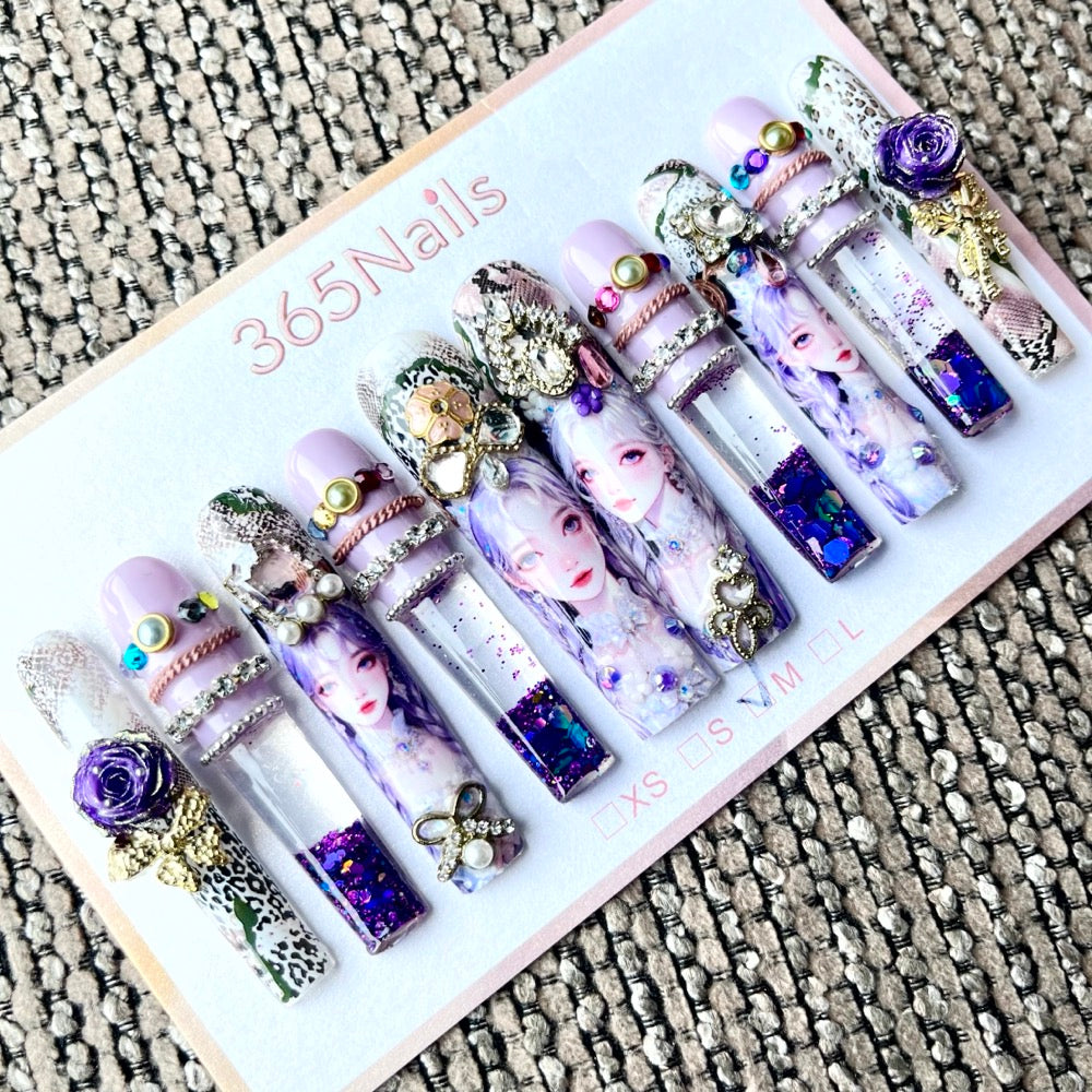 365nails: "Enchanted Garden" – 3D Character Art Handmade Coffin Nails-5.5cm