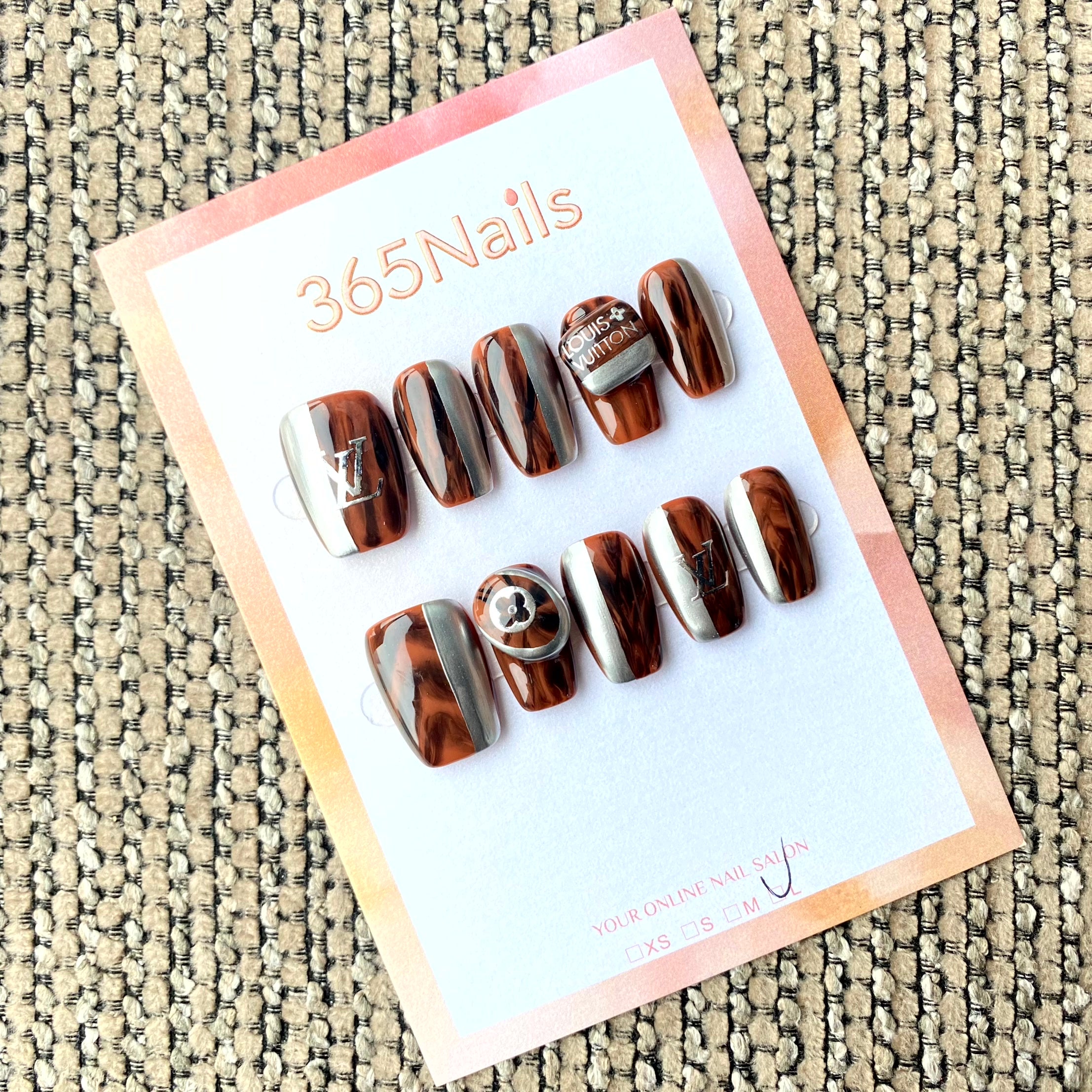 Luxury Logo 365nails: "Tortoiseshell Silver Stripe" – 3D Hardware & Luxury Monogram Handmade Squoval Nails