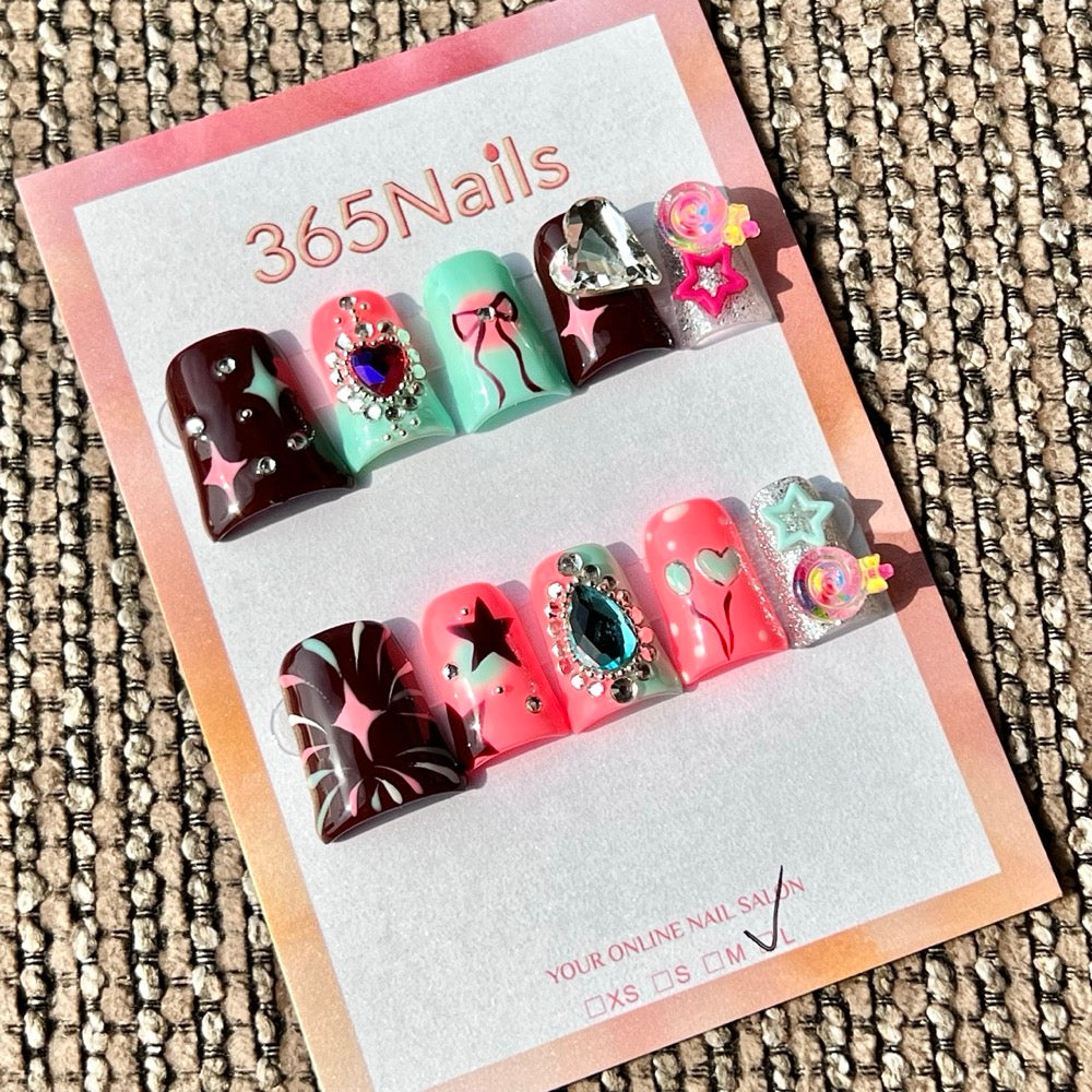 365nails: "Colorful Kawaii Lollipop Star Short" – Handmade Short Trapezoid Press-On Nails