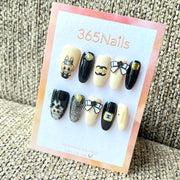 365nails 奢華標誌: "暗黑俏皮兔" — 3D 山茶花與蝴蝶結手工製橢圓形甲片