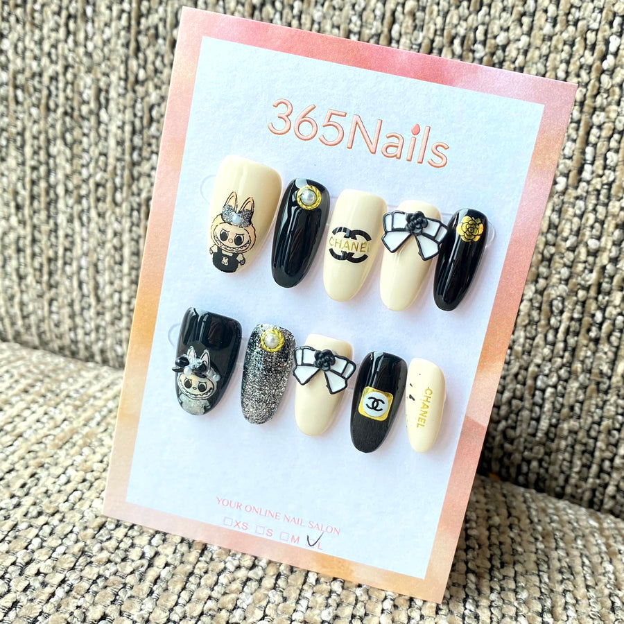Luxury Logo 365nails: "Dark Coquette Bunny" – 3D Camellia & Bow Handmade Oval Nails