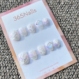 Sweet & Dopamine: "Aurora Ice Flower" – Milky White Jelly, 3D Embossed Floral & Holographic Crystal Short Nails