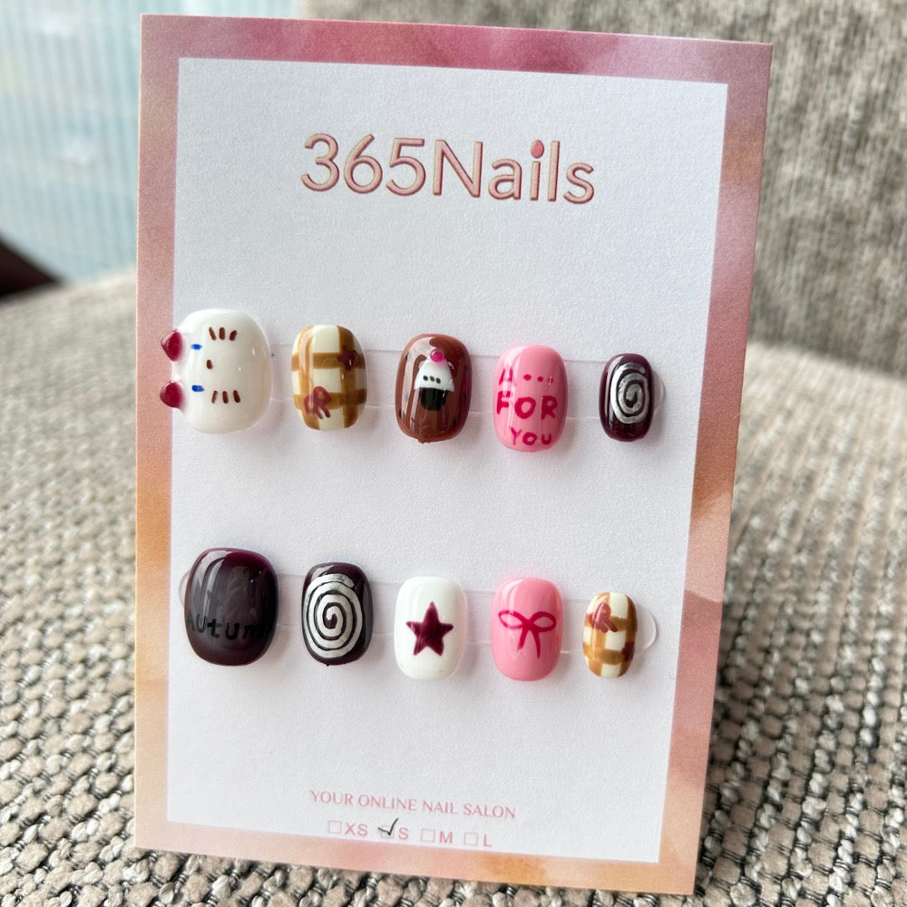 Cartoon & Dopamine: "Cherry Kitty Swirl" – 3D Cat Ears, Bows, Plaid & Silver Swirl Short Nails