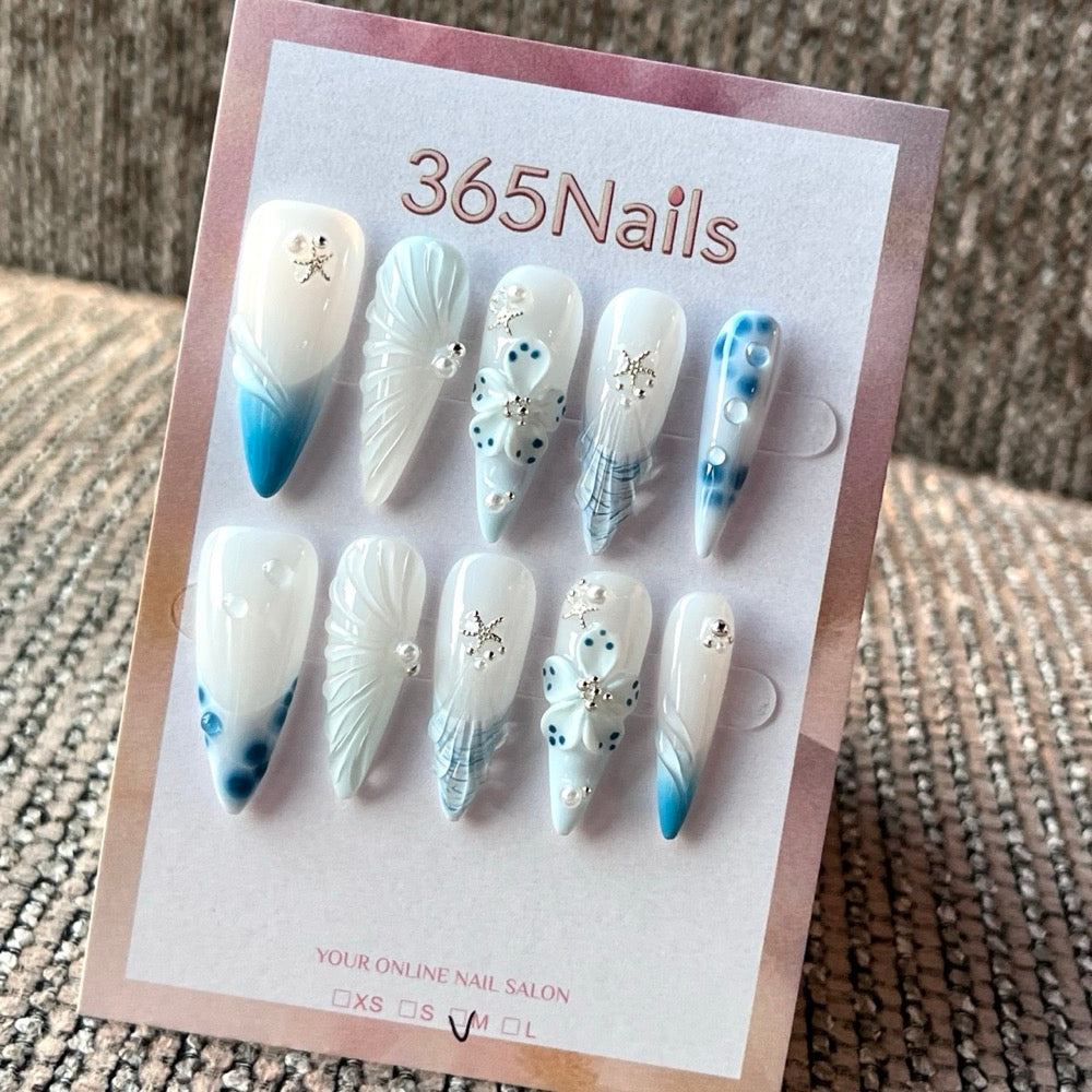 Frosted Blue Petals - Icy Floral Press-On Nails