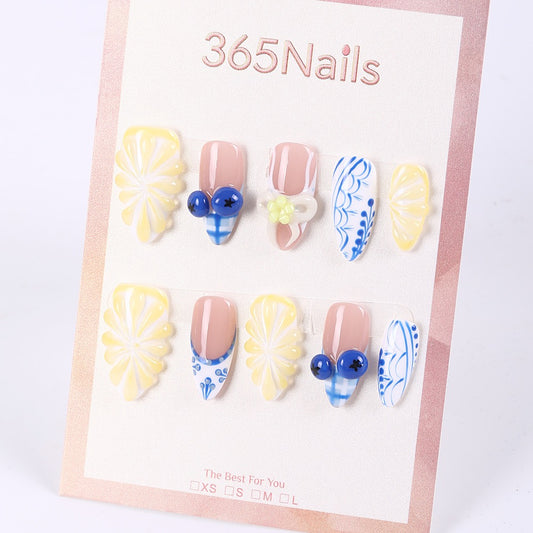 365Nails Butter Yellow Floral Carving with Blue‑White Porcelain Patterns, Jelly Beads & French Mix – Fresh Medium Almond Press‑On Nails