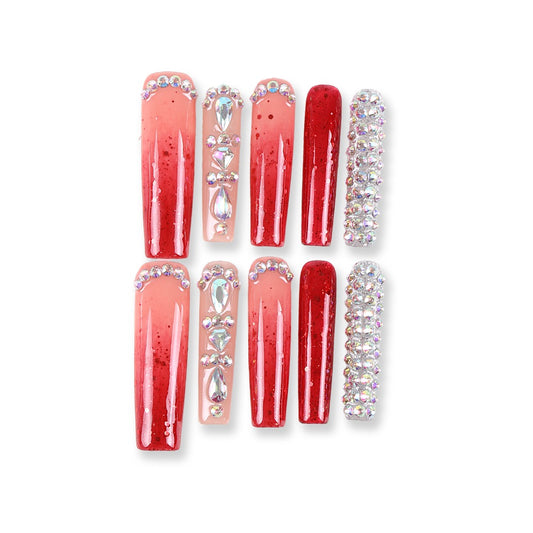365Nails Ruby Sparkle Ombre Full-Rhinestone Long Coffin Press-Ons