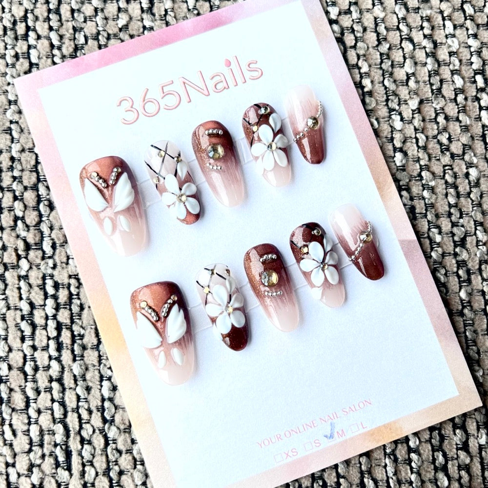 365nails: "초콜릿 가든" – 3D 입체 꽃 수제 미디엄 아몬드형 네일