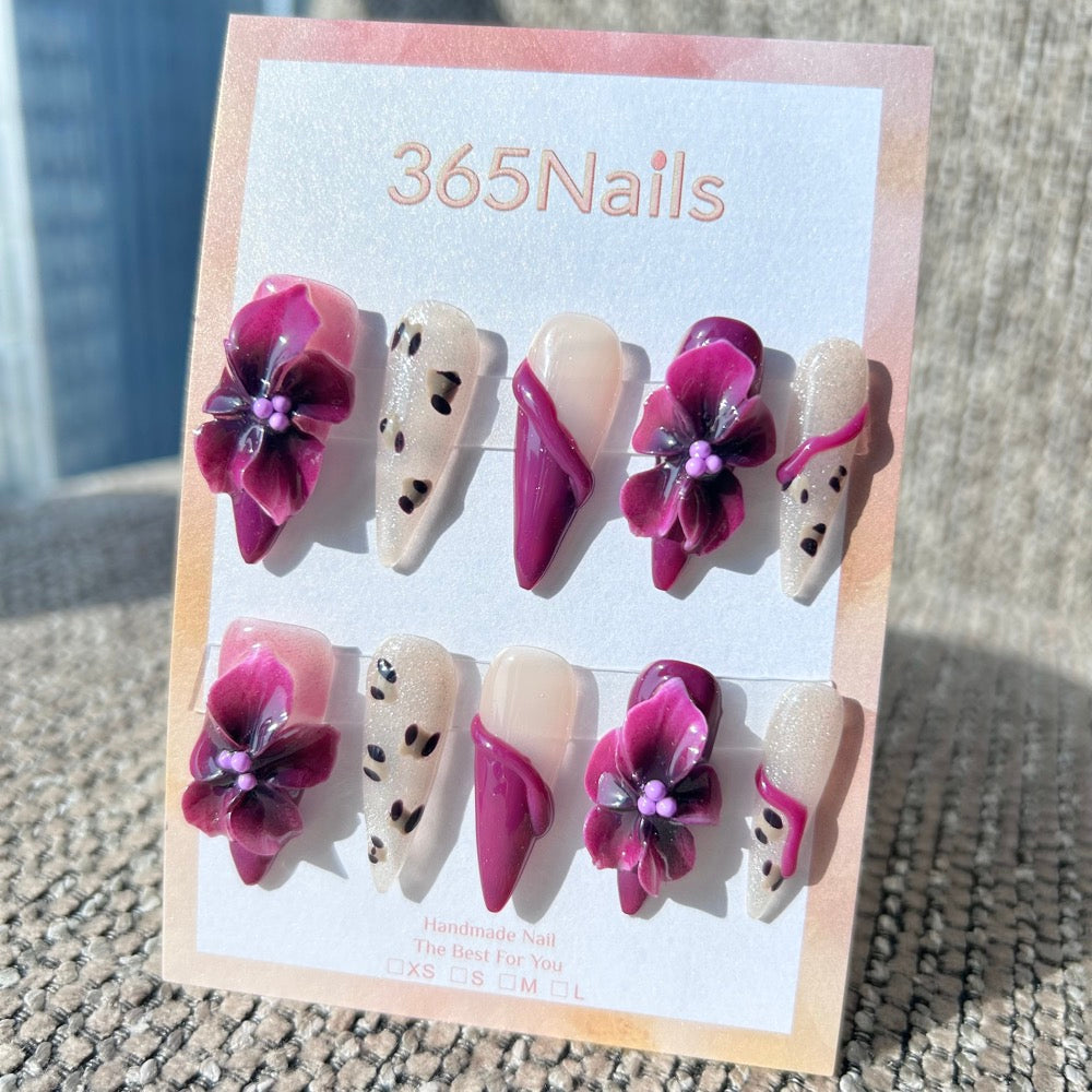 Sculpted Flora: "Mulberry Wildflower" – 3D Deep Magenta Flowers & Abstract Lines on Leopard Print Stiletto Nails