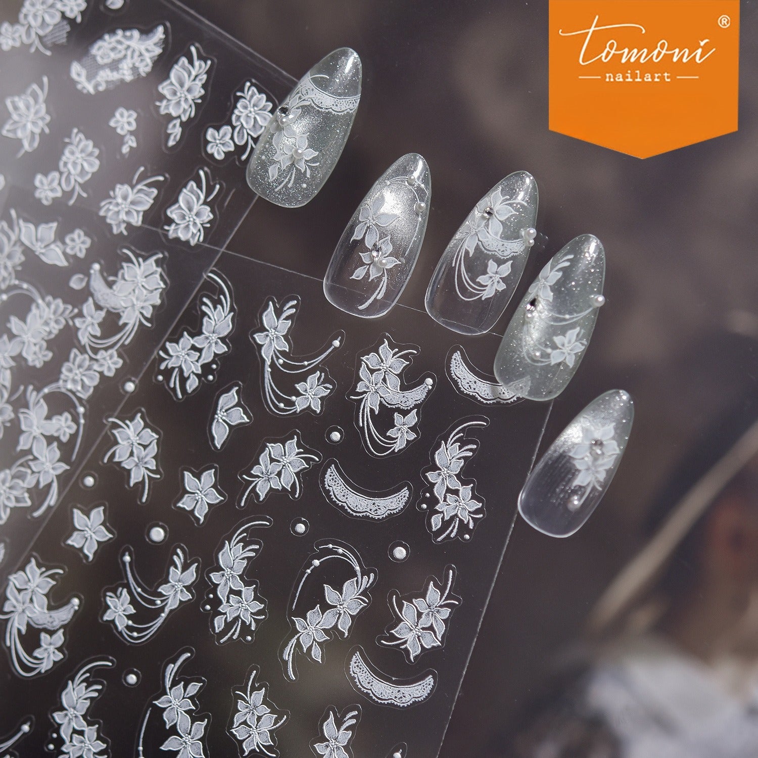 White Lace Orchid Collection: "Elegant White Lace Orchid & Moon" – 3D Embossed Nail Sticker