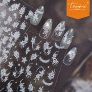 White Lace Orchid Collection: "Elegant White Lace Orchid & Moon" – 3D Embossed Nail Sticker