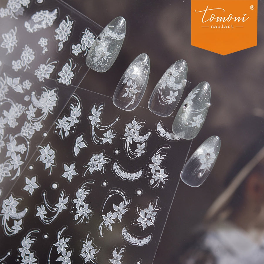 White Lace Orchid Collection: "Elegant White Lace Orchid & Moon" – 3D Embossed Nail Sticker