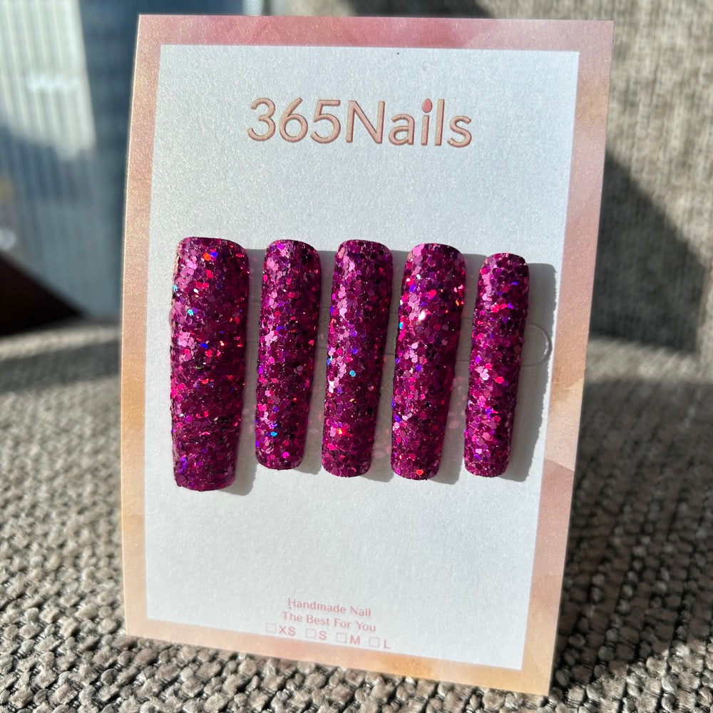 Cherry Soda Glitter Press On Nails｜Hot Pink Chunky Sparkle Square | Starry Glitter · Sparkling Series