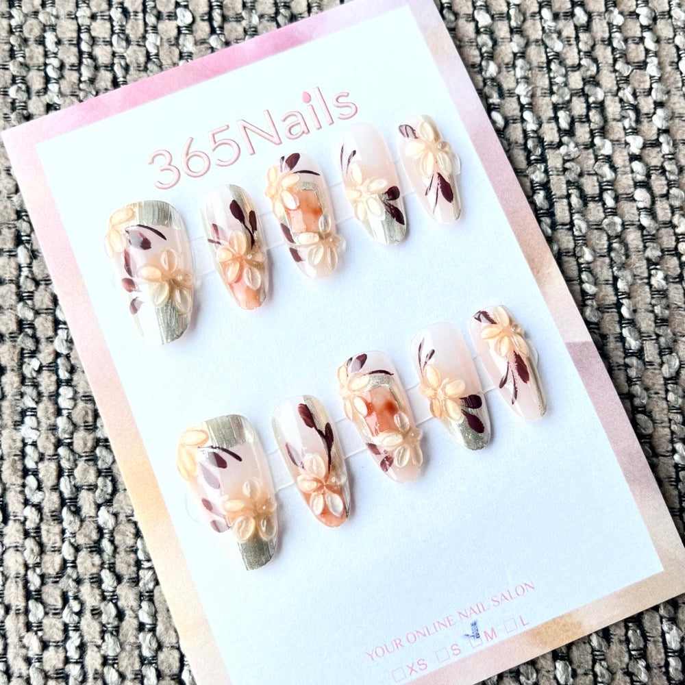 365nails: "Amber Bloom" – 3D Floral & Woven Texture Handmade Short Square Nails