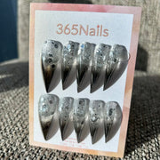 Chrome Meteor Dragon Claw Stiletto Silver Glitter & Mirror Chrome Handmade Dragon Nail