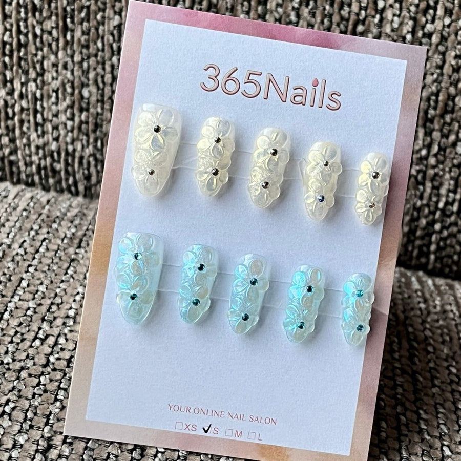 Iridescent 3D Flower Press-On Nails