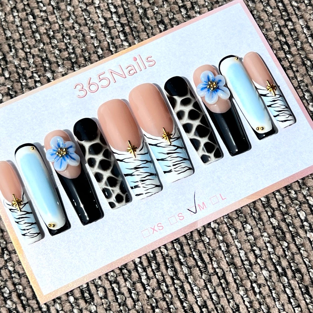 365nails: '사파리 시크' – 3D 플라워 & 애니멀 프린트 수제 롱 코핀형 네일
