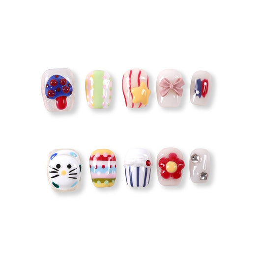 365Nails Milky Jelly Base with Candy Fun Elements—3D Star, Bow, Cupcake and Flower Accents – Cute Short Squoval Press-On Nails