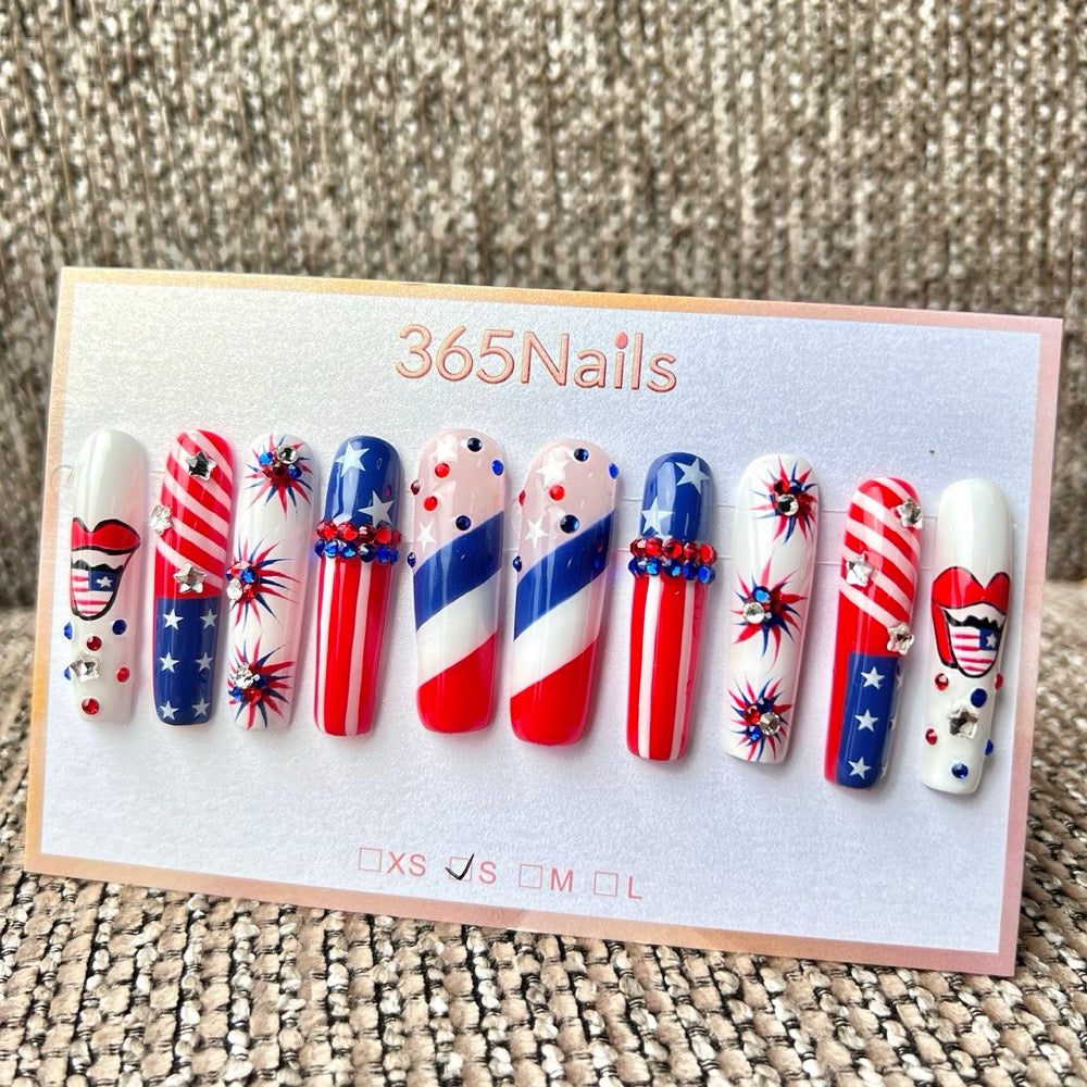 Handmade Independence Day Fireworks Stars and Stripes Short Press-On Nails 4cm (High Quality/Custom/10pcs)