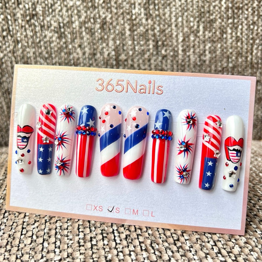 Handmade Independence Day Fireworks Stars and Stripes Short Press-On Nails 4cm (High Quality/Custom/10pcs)