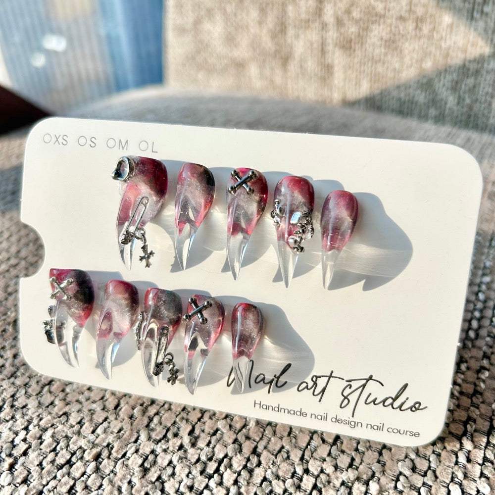 Midnight Vortex Gothic Claw Press On Nails｜Red‑Black Clear Stiletto with Silver Charms