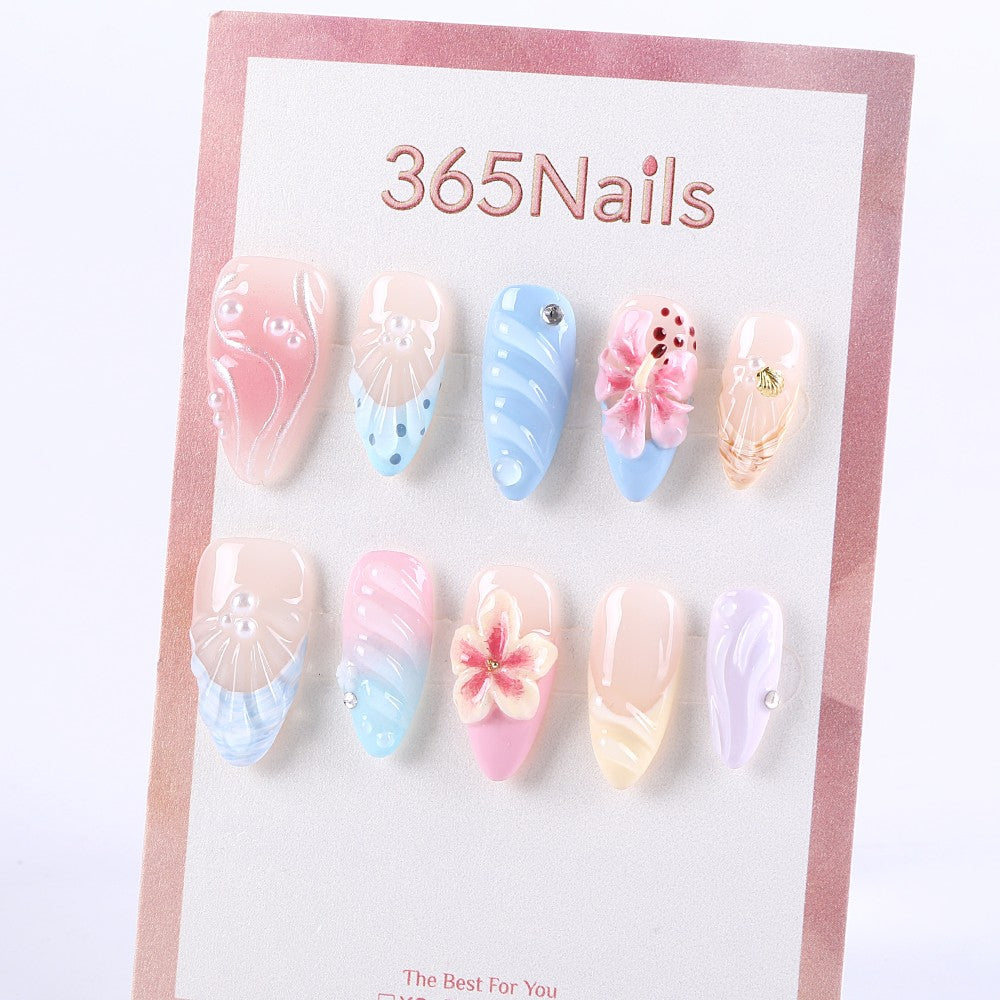 Pastel Pearl and Flower Press-On Nails with 3D Wave Design