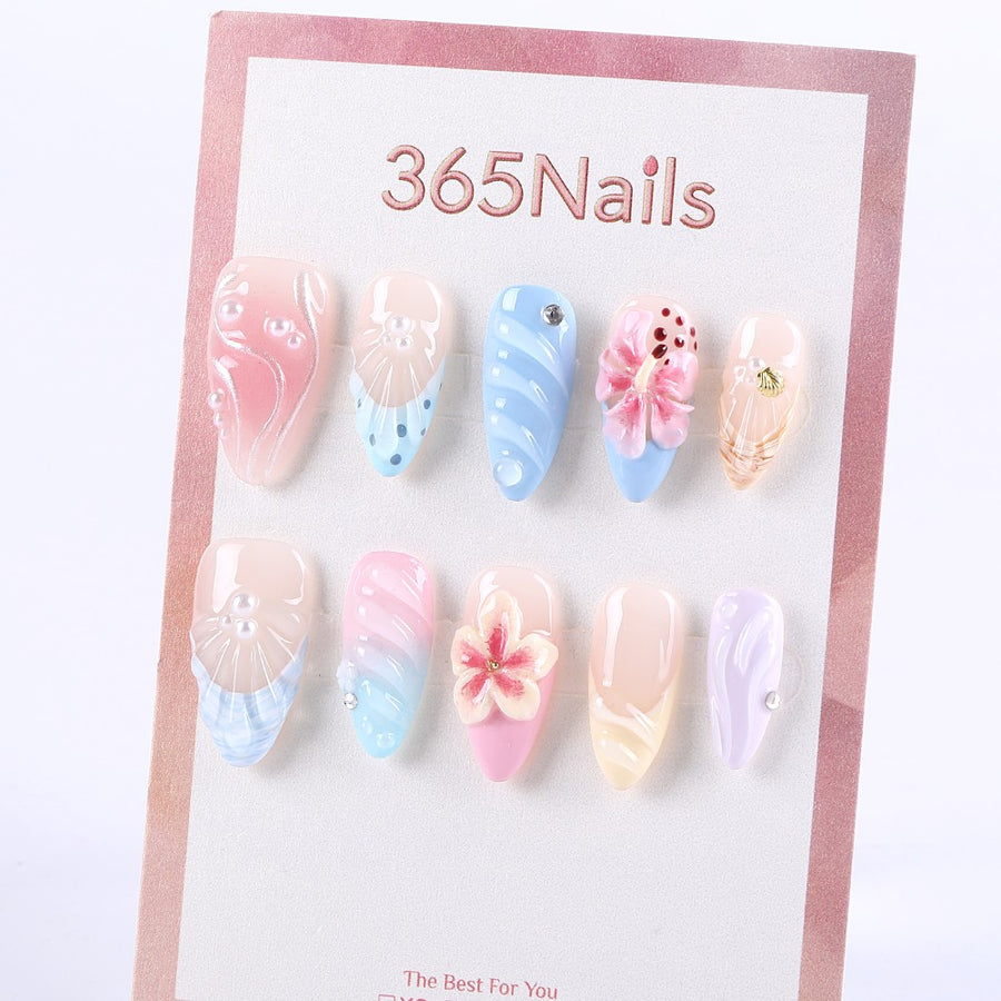 Pastel Pearl and Flower Press-On Nails with 3D Wave Design ( MOQ=5pcs )