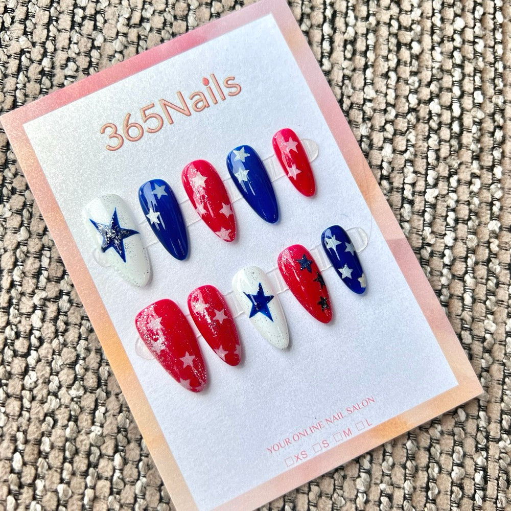 Handmade Independence Day Red Blue Star Mixed Press-On (Holiday/Custom/Almond)