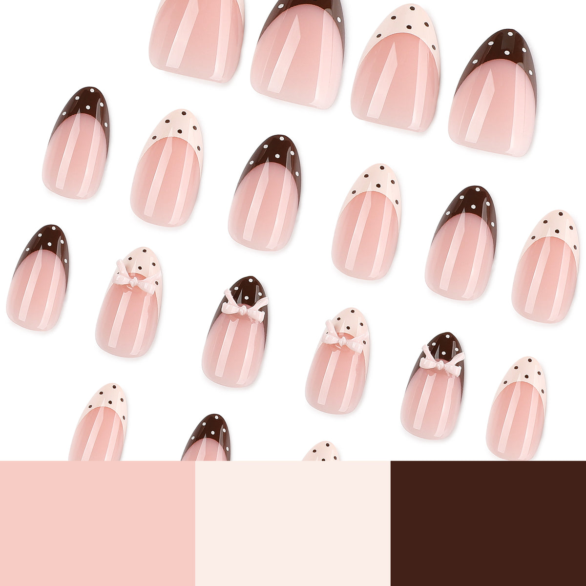 Scattered almond press-on nails with polka-dot French tips and bows plus color swatches of pink, cream and dark brown
