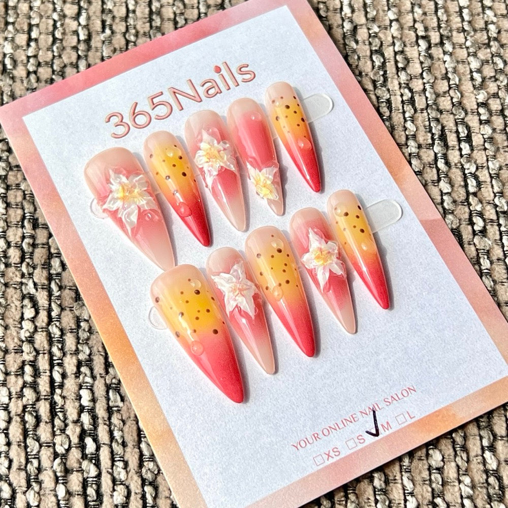 365nails: "Dégradé Lys du Coucher de Soleil" – fleurs 3D et gouttes, ongles forme stiletto faits main