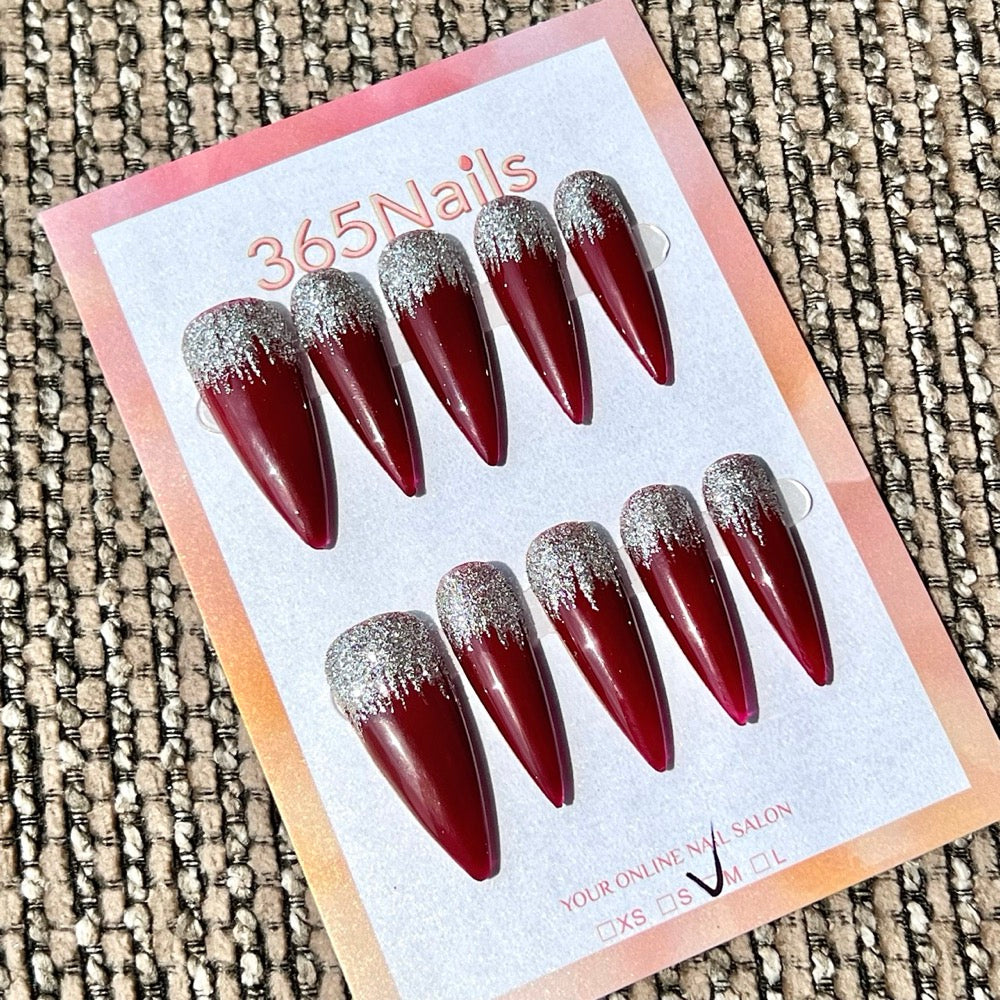 365nails: "Frosted Ruby" – Silver Glitter Dipped French Handmade Stiletto Nails