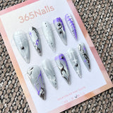 Femme Fatale: "Violet Voltage" – Silver Cat Eye Base with Neon Purple Tribal, Bio-Spine Art & Liquid Chrome Long Stiletto Nails