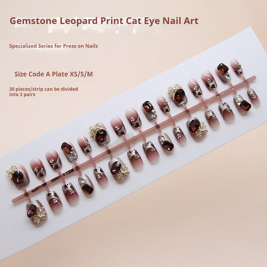 Nail Tips  prefabricated nail burgundy pigeon egg burst diamond metal bow cat eye leopard print French diamond ｜365nails