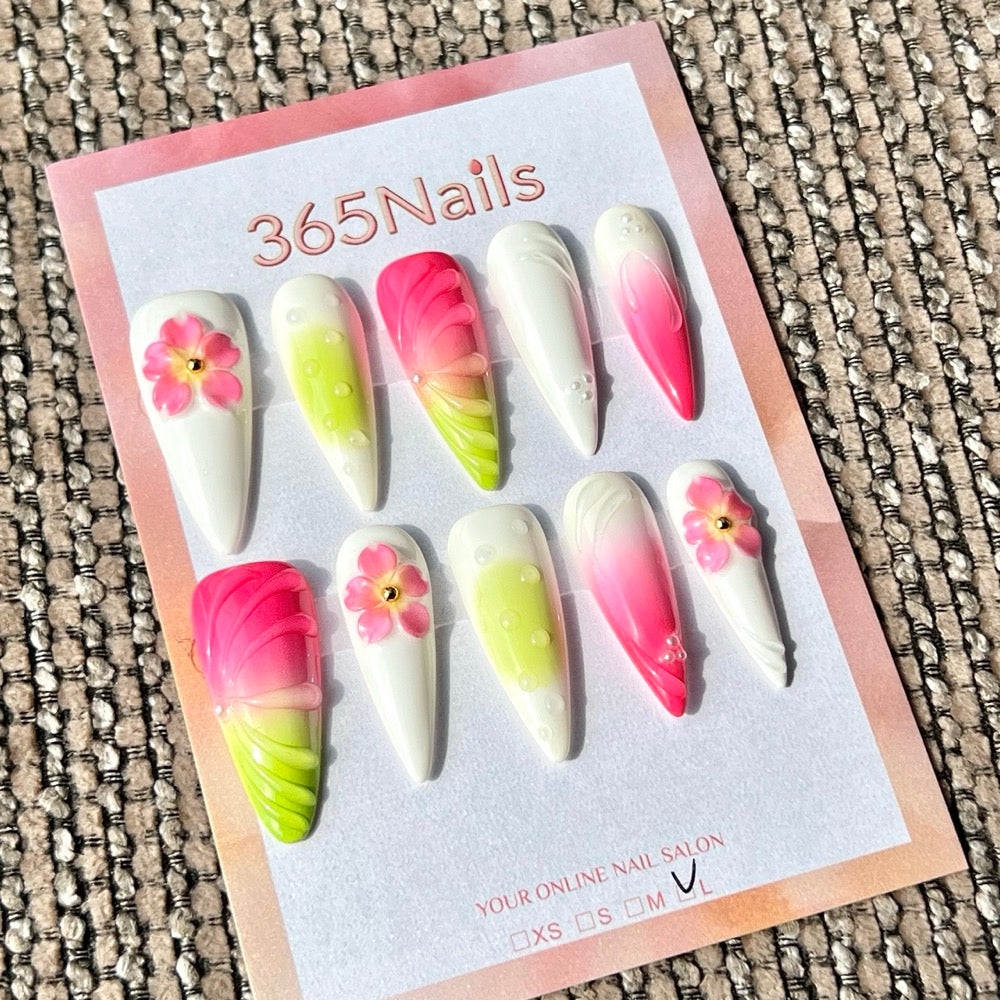 365nails: "White Pink Green Flower 3D Mix" – Handmade Medium Stiletto Press-On Nails