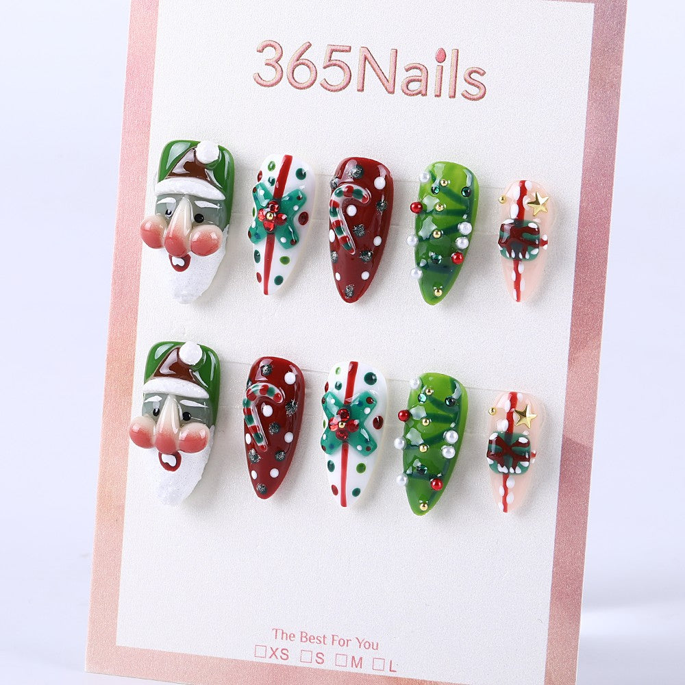 Christmas candy cane and gift box bow medium almond press on nail