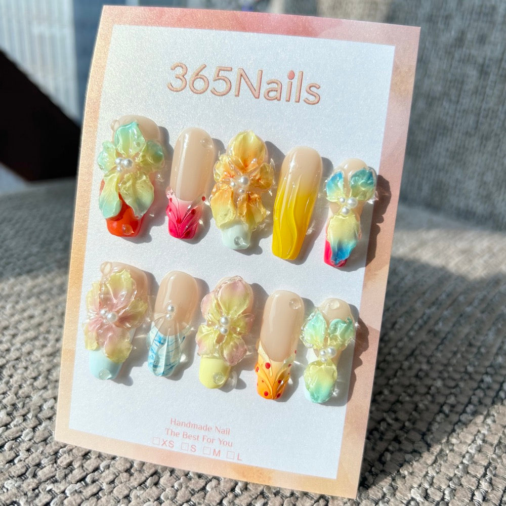 Handmade "Tropical Hibiscus" 3D Floral Press-on Nails | Yellow & Teal Ombre | Coffin | 10pcs Set