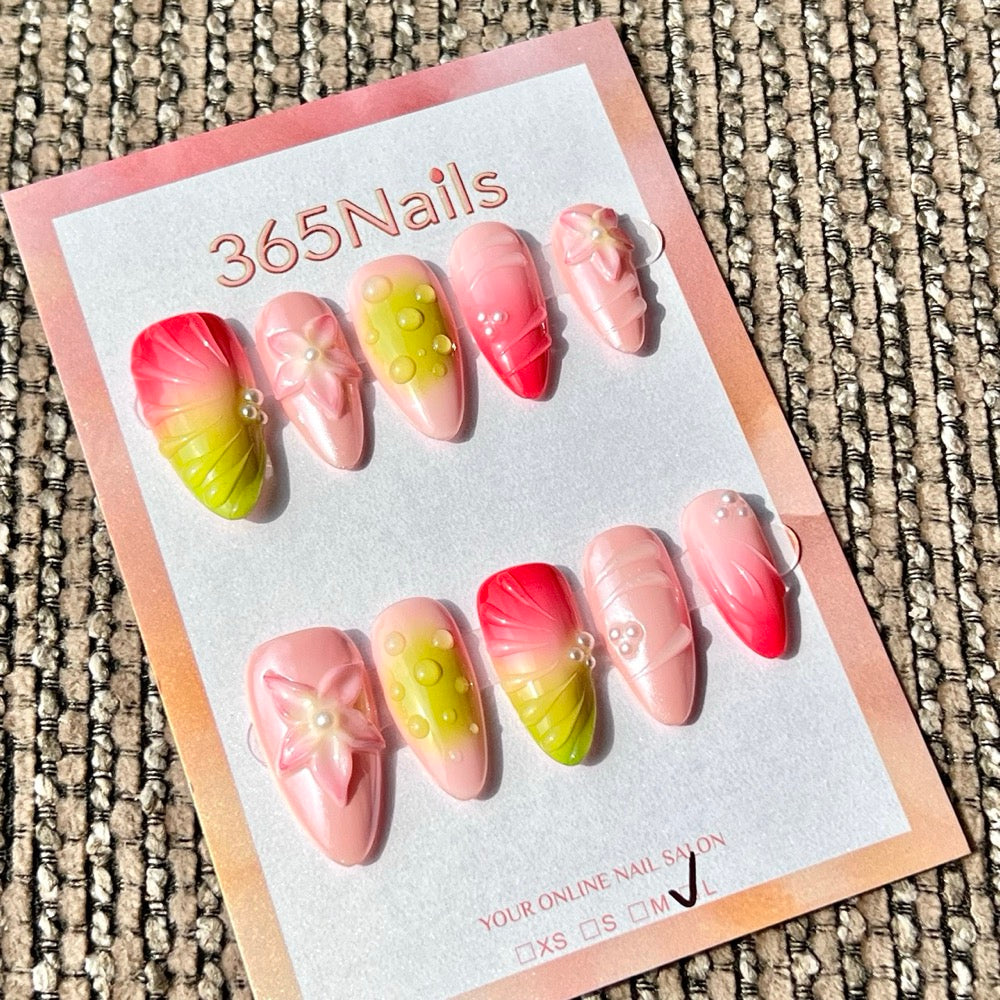 365nails: "Fruit Blossom Dew Drop" – 3D Flower & Water Drop Handmade Medium Stiletto Press-On Nails