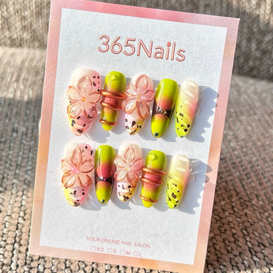 365nails: "Lime Pink Leopard Flower" – Handmade Medium Almond Press-On Nails