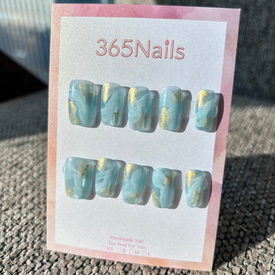 Sea Salt Mist & Golden Marble Dusty Blue Nails｜Handmade Smudge Series(moq=30)