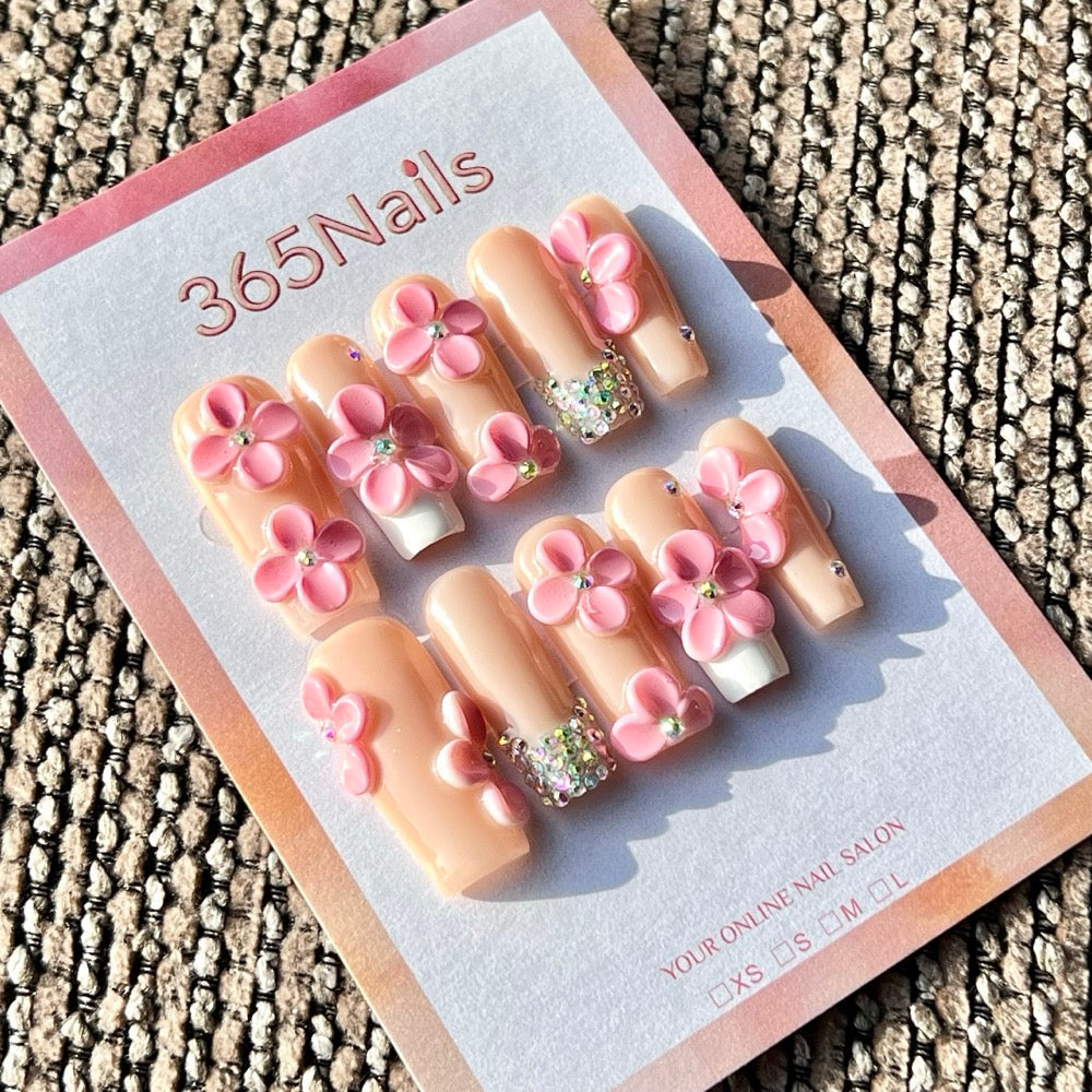 365nails: "Pink 3D Flower French" – Handmade Medium Square Press-On Nails