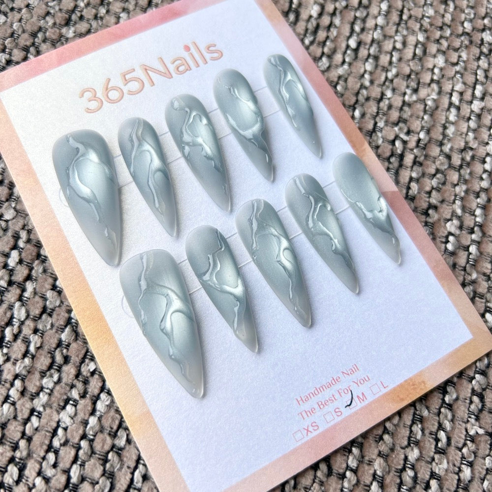 Femme Fatale: "Silver Mist" – Frosted Foggy Blue-Grey Base with 3D Liquid Chrome Lines Long Stiletto Nails