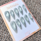 Femme Fatale: "Silver Mist" – Frosted Foggy Blue-Grey Base with 3D Liquid Chrome Lines Long Stiletto Nails