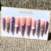 365nails: 「薰衣草夢境」 – 手工製 3D 花朵與絎縫長款 尖形 穿戴甲