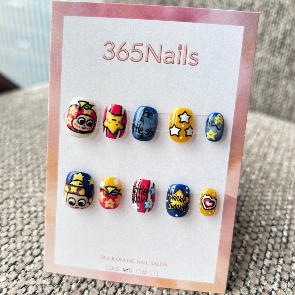 Cartoon & Dopamine: "Twinkle Apple" – Star Boy, Red Apple, Graffiti Text & Primary Colors Short Nails