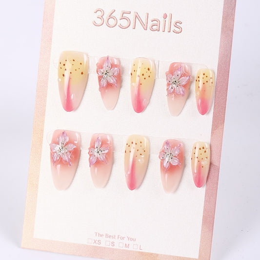 365Nails Apricot‑to‑Pink Gradient with Jelly Petals & Sugar Dots — Sweet Medium Almond Press‑Ons