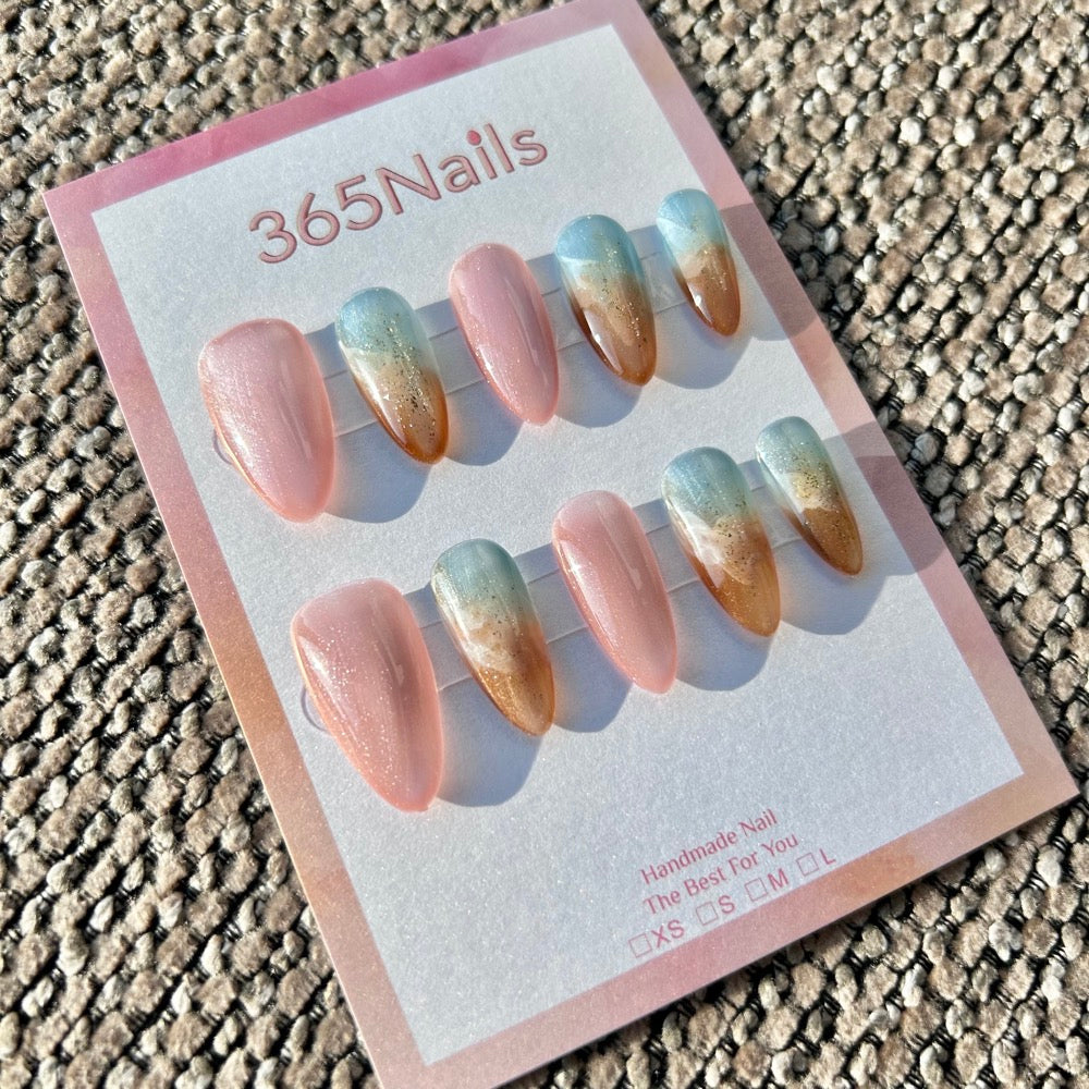 Unhas Gradientes Caramelo Sal Marinho & Rosa Nude Costa Azure & Marrom-Azulado ｜ Série Borrão Artesanal (moq=30)