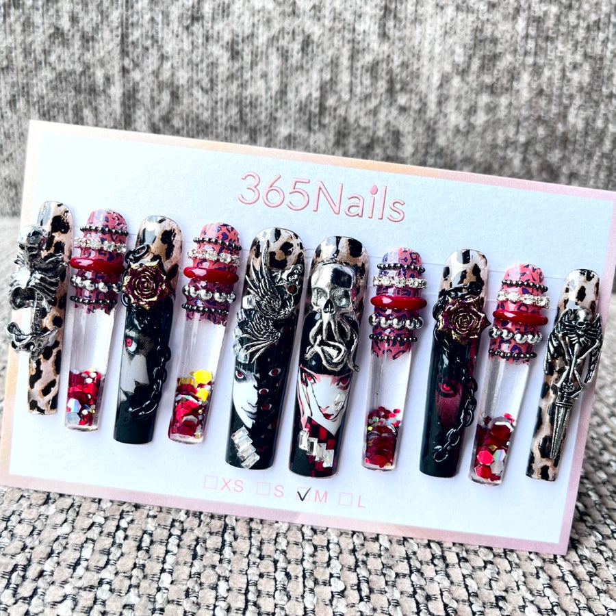 365nails : « Cramoisi noir » – ongles forme coffin faits main, art 3D sombre — 5.5cm