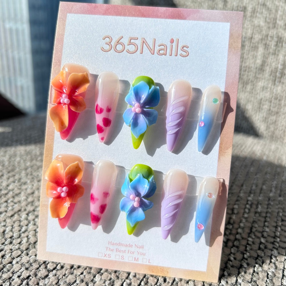 Sculpted Flora: "Tropical Punch Party" – 3D Orange & Blue Flowers with Leopard Print & Shell Texture Nails