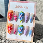Sculpted Flora: "Tropical Punch Party" – 3D Orange & Blue Flowers with Leopard Print & Shell Texture Nails