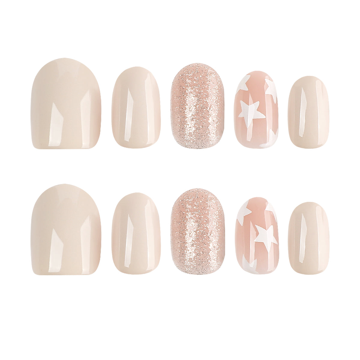 Two rows of press-on nails showing nude glossy, rose glitter, and white star pattern designs